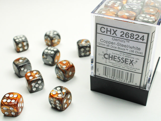 Chessex Gemini Copper-Steel/White - 12mm d6 Dice Block (36 Dice)