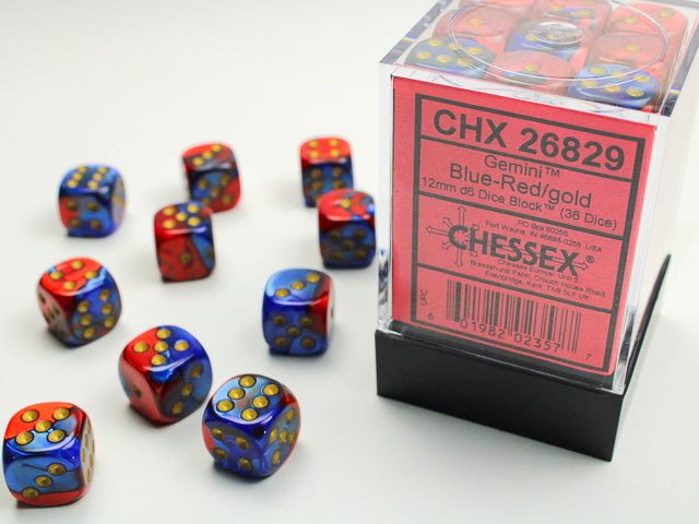 Chessex Gemini Blue-Red/Gold - 12mm d6 Dice Block (36 Dice)