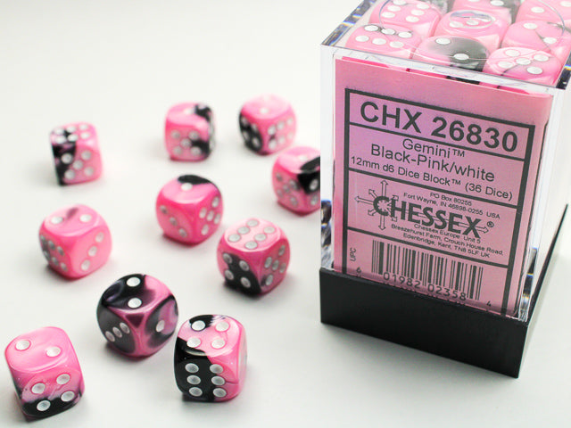 Chessex Gemini Black-Pink/White - 12mm d6 Dice Block (36 Dice)