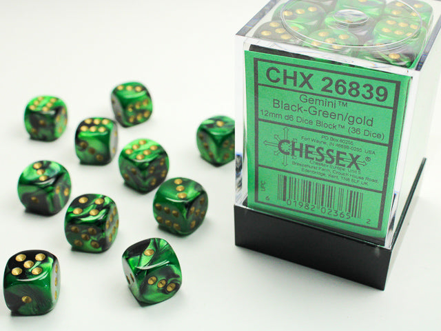 Chessex Gemini Black-Green/Gold - 12mm d6 Dice Block (36 Dice)