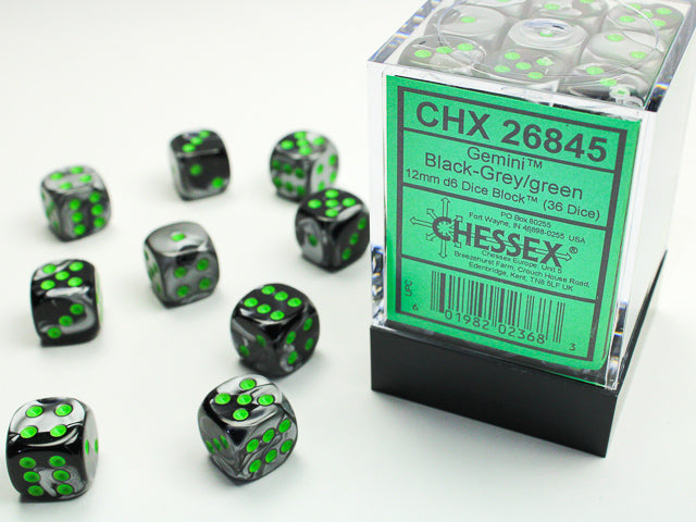 Chessex Gemini Black-Grey/Green - 12mm d6 Dice Block (36 Dice)