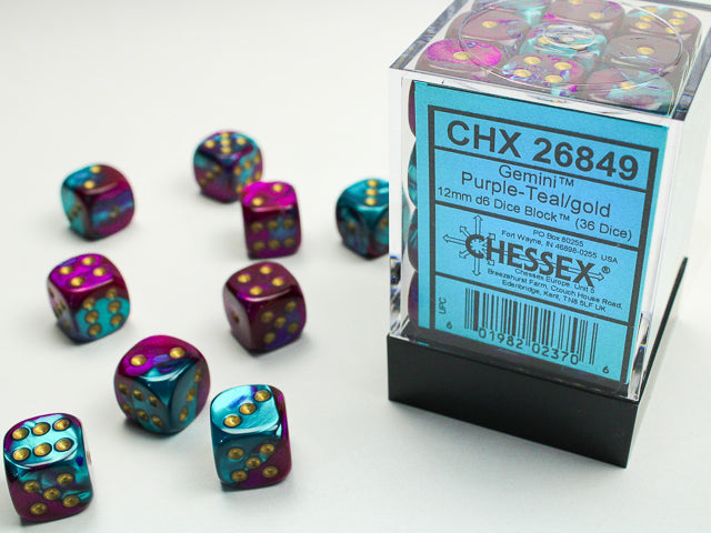 Chessex Gemini Purple-Teal/Gold - 12mm d6 Dice Block (36 Dice)