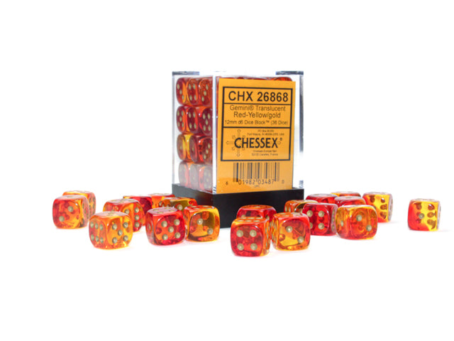 Chessex Gemini Translucent Red-Yellow/Gold - 12mm d6 Dice Block (36 Dice)