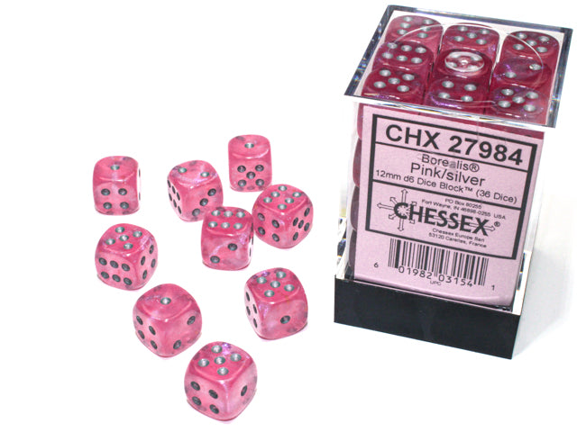 Chessex Borealis Pink/Silver - 12mm d6 Dice Block (36 Dice)