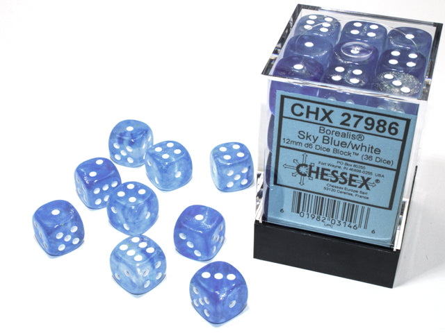 Chessex Borealis Sky Blue/White - 12mm d6 Dice Block (36 Dice)