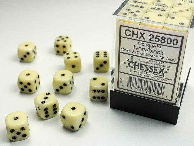 Chessex Opaque Ivory/Black - 12mm d6 Dice Block (36 Dice)