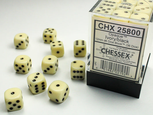 Chessex Opaque Ivory/Black - 12mm d6 Dice Block (36 Dice)