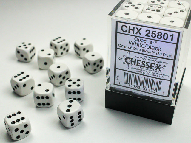 Chessex Opaque White/Black - 12mm d6 Dice Block (36 Dice)