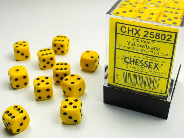 Chessex Opaque Yellow/Black - 12mm d6 Dice Block (36 Dice)