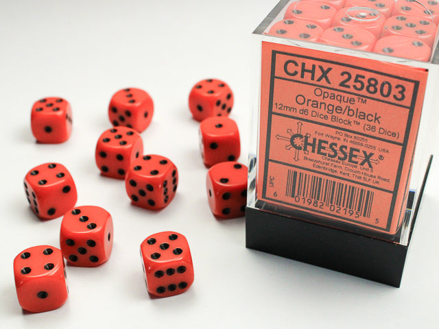 Chessex Opaque Orange/Black - 12mm d6 Dice Block (36 Dice)