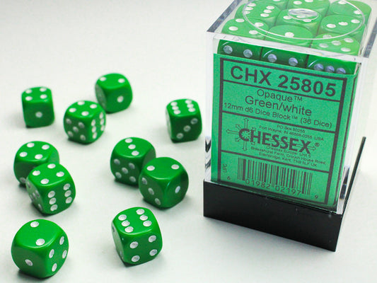 Chessex Opaque Green/White - 12mm d6 Dice Block (36 Dice)