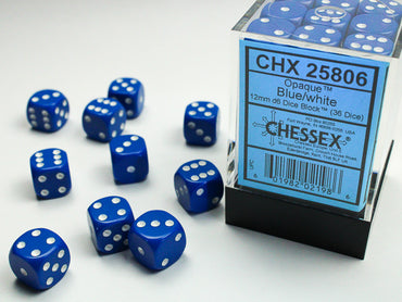 Chessex Opaque Blue/White - 12mm d6 Dice Block (36 Dice)