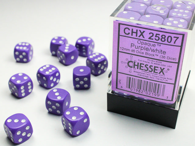 Chessex Opaque Purple/White - 12mm d6 Dice Block (36 Dice)