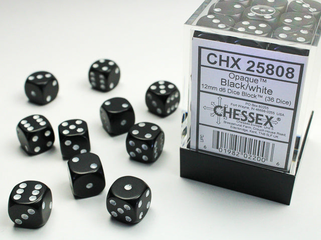 Chessex Opaque Black/White - 12mm d6 Dice Block (36 Dice)