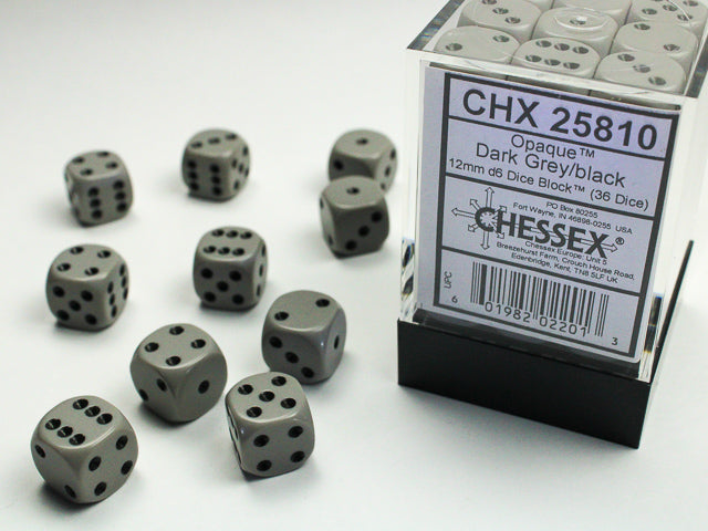Chessex Opaque Dark Grey/Black - 12mm d6 Dice Block (36 Dice)