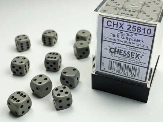 Chessex Opaque Dark Grey/Black - 12mm d6 Dice Block (36 Dice)
