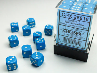 Chessex Opaque Light Blue/White - 12mm d6 Dice Block (36 Dice)