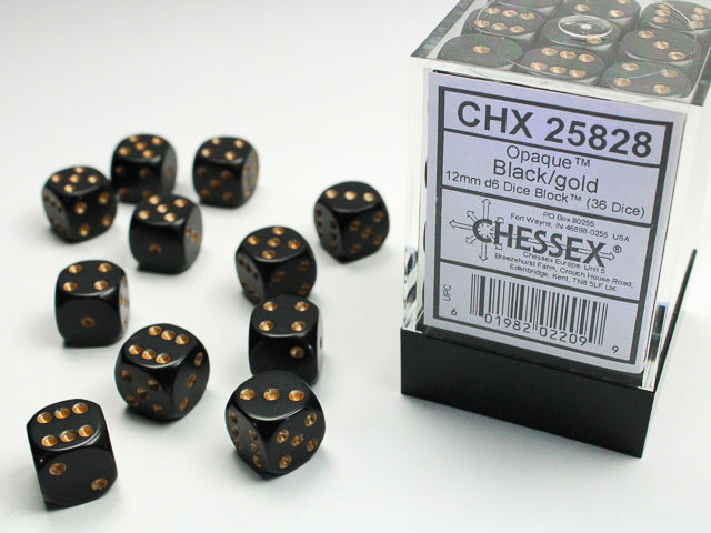 Chessex Opaque Black/Gold - 12mm d6 Dice Block (36 Dice)