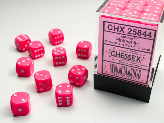 Chessex Opaque Pink/White - 12mm d6 Dice Block (36 Dice)