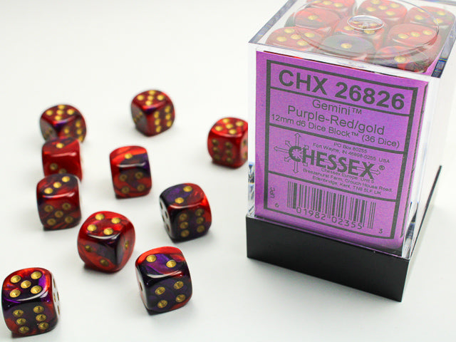 Chessex Gemini Purple-Red/Gold - 12mm d6 Dice Block (36 Dice)