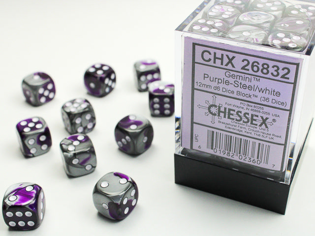 Chessex Gemini Purple-Steel/White Dice Block (36 Dice)