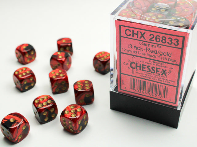 Chessex Gemini Black-Red/Gold - 12mm d6 Dice Block (36 Dice)