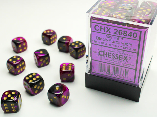 Chessex Gemini Black-Purple/Gold - 12mm d6 Dice Block (36 Dice)