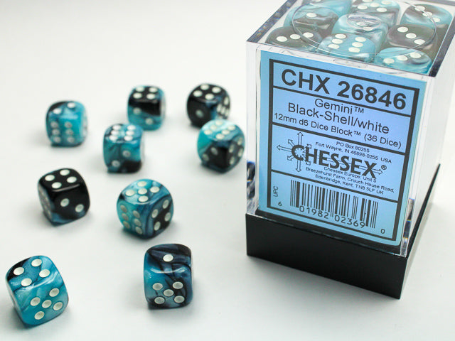 Chessex Gemini Black-Shell/White - 12mm d6 Dice Block (36 Dice)
