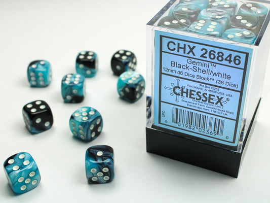 Chessex Gemini Black-Shell/White - 12mm d6 Dice Block (36 Dice)