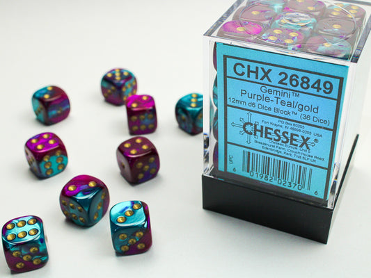 Chessex Gemini Purple-Teal/Gold - 12mm d6 Dice Block (36 Dice)