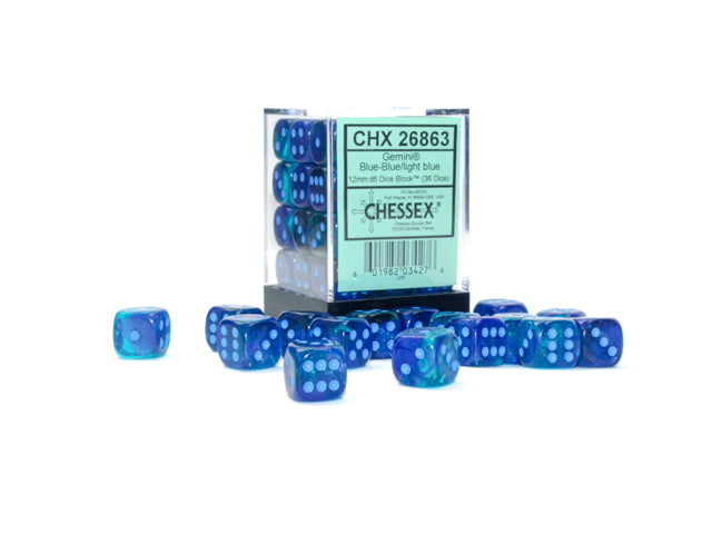 Chessex Gemini Blue-Blue/Light Blue Luminary Dice Block (36 Dice)