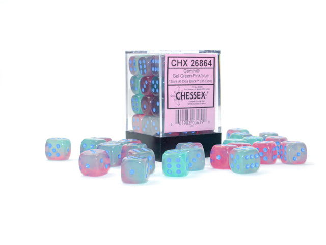 Chessex Gemini Gel Green-Pink/Blue Luminary Dice Block (36 Dice)