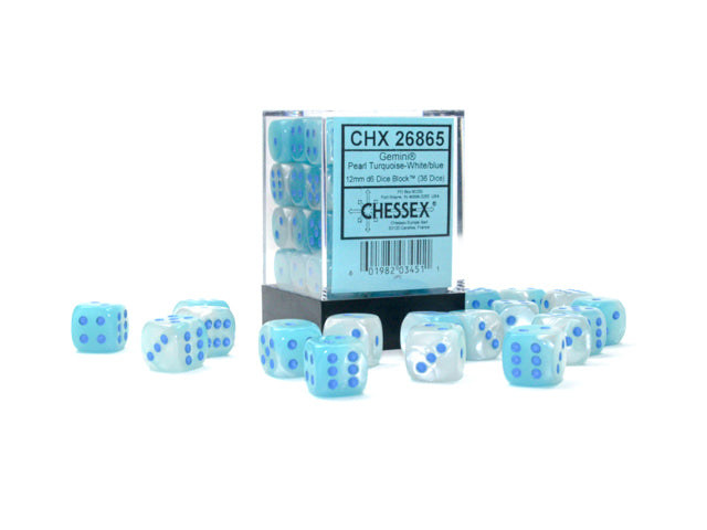 Chessex Gemini Pearl Turquoise-White/Blue Luminary Dice Block (36 Dice)