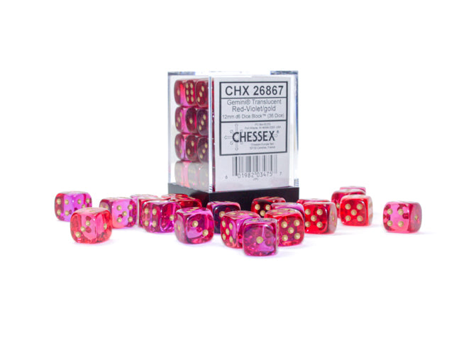 Chessex Gemini Translucent Red-Violet/Gold - 12mm d6 Dice Block (36 Dice)