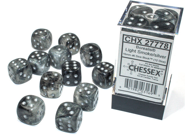Chessex Borealis Luminary Light Smoke/Silver - 16mm d6 Dice Block (12 Dice)