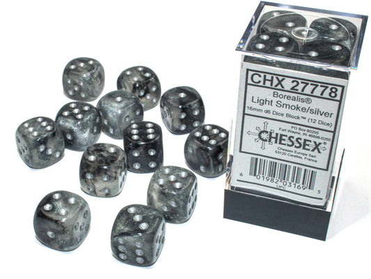 Chessex Borealis Luminary Light Smoke/Silver - 16mm d6 Dice Block (12 Dice)