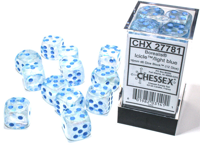 Chessex Borealis Icicle/Light Blue - 16mm d6 Dice Block (12 Dice)