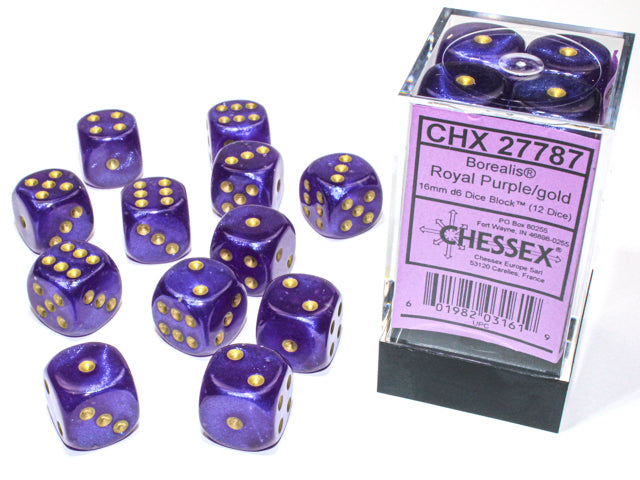 Chessex Borealis Royal Purple/Gold - 16mm d6 Dice Block (12 Dice)