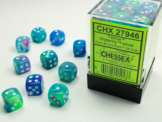 Chessex Festive Waterlily/White - 12mm d6 Dice Block (36 Dice)