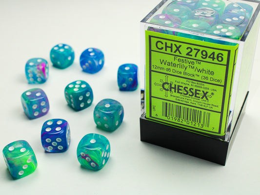 Chessex Festive Waterlily/White - 12mm d6 Dice Block (36 Dice)