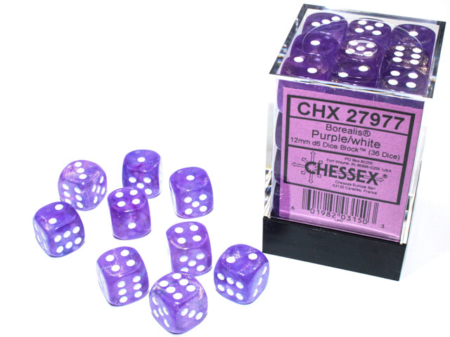 Chessex Borealis Purple/White - 12mm d6 Dice Block (36 Dice)