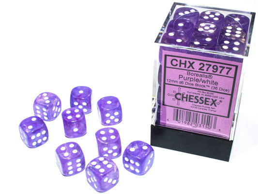 Chessex Borealis Purple/White - 12mm d6 Dice Block (36 Dice)