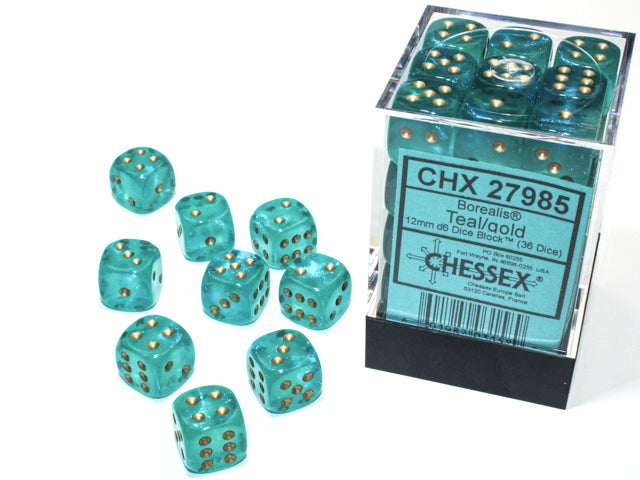 Chessex Borealis Teal/Gold - 12mm d6 Dice Block (36 Dice)
