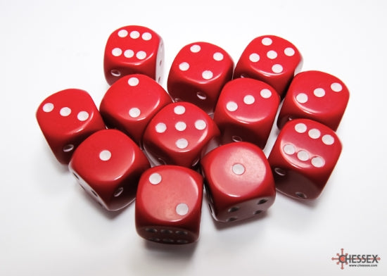 Chessex Opaque Red/White - 16mm d6 Dice Block (12 Dice)