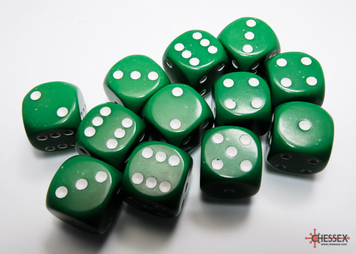 Chessex Opaque Green/White - 16mm d6 Dice Block (12 Dice)