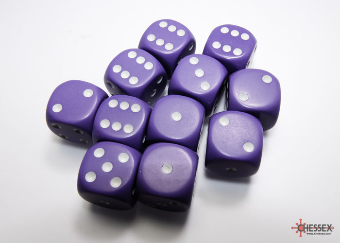 Chessex Opaque Purple/White - 16mm d6 Dice Block (12 Dice)