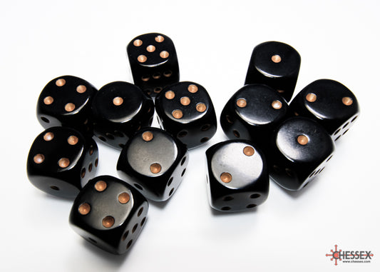Chessex Opaque Black/Gold - 16mm d6 Dice Block (12 Dice)