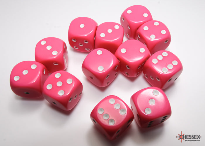 Chessex Opaque Pink/White - 16mm d6 Dice Block (12 Dice)