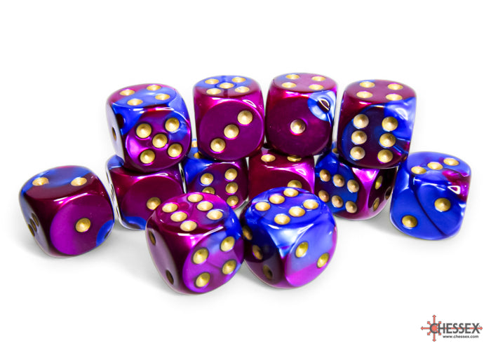 Chessex Gemini Blue-Purple/Gold - 16mm d6 Dice Block (12 Dice)