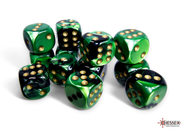 Chessex Gemini Black-Green/Gold - 16mm d6 Dice Block (12 Dice)
